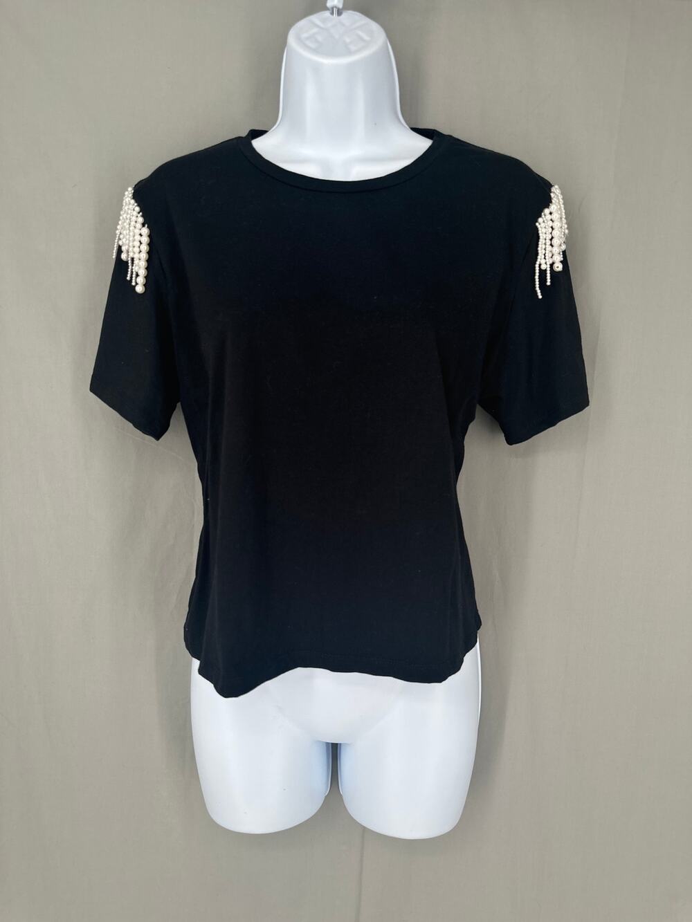 Joie Top Womens Medium Black Pearl Fringe Beaded Tee Boxy Cotton Short Sleeve